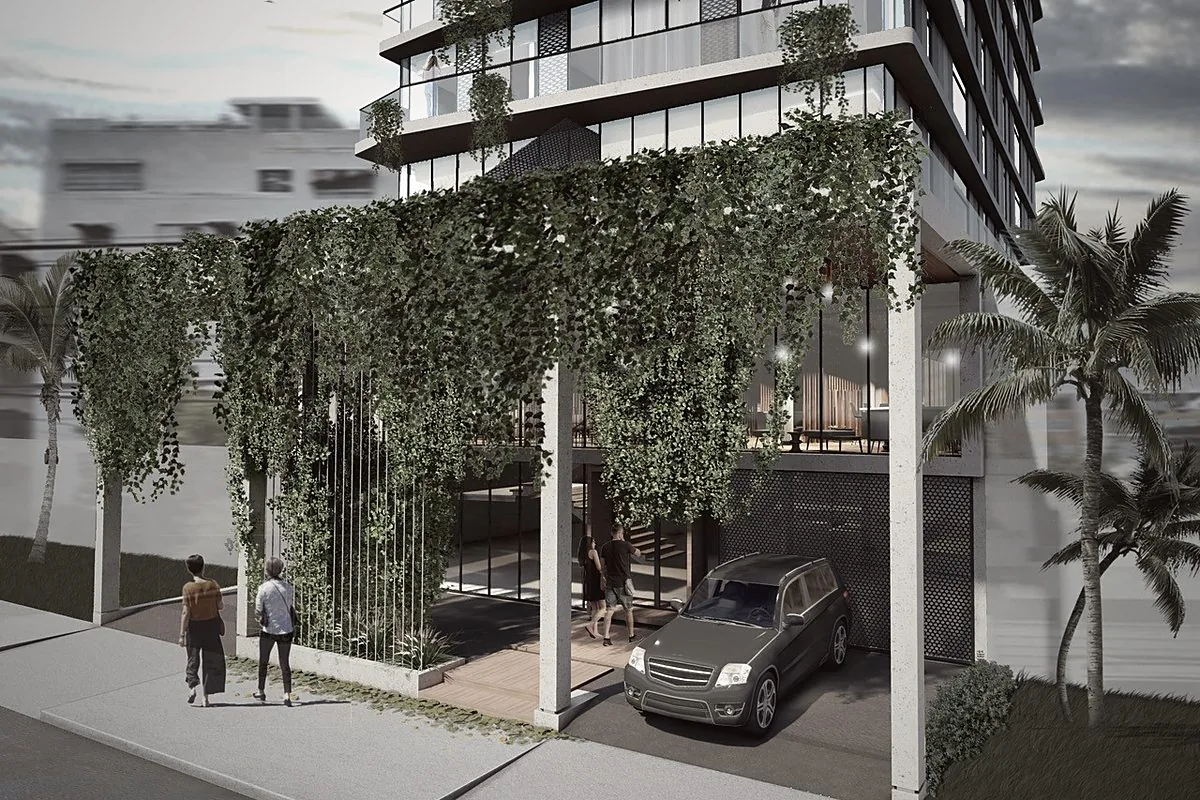 Street-level render of the City Hub tower, its façade planted with hanging greenery