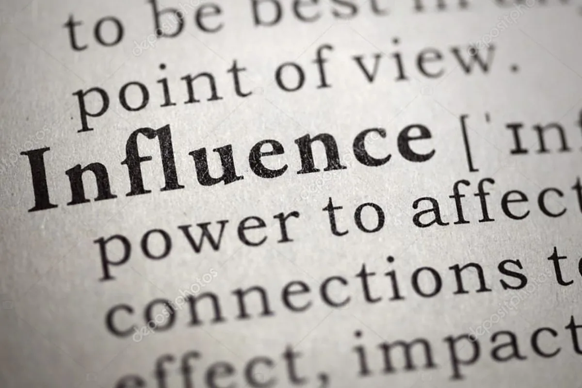 Close-up of a dictionary page open at the entry for the word influence