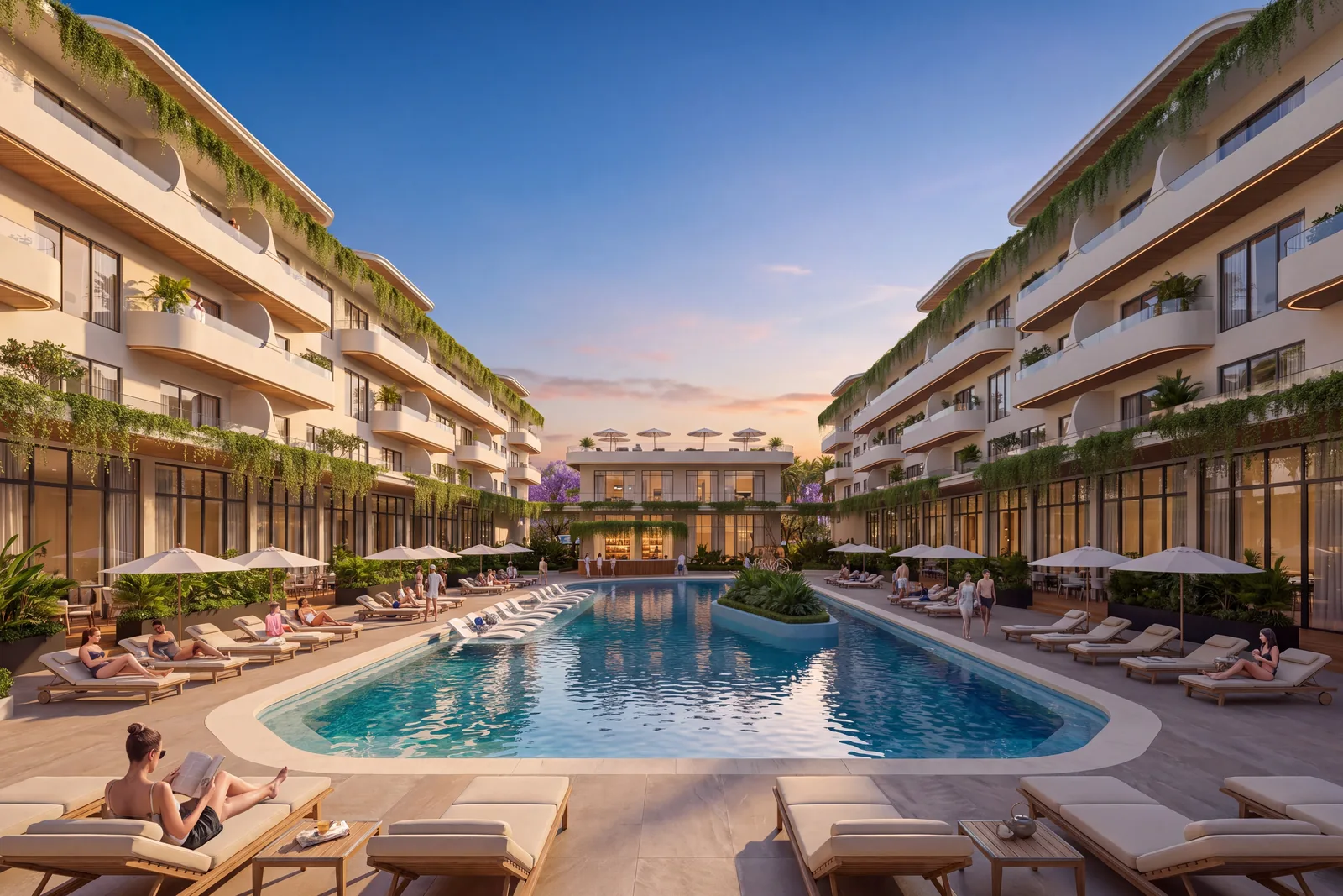 NOMAD · MOD by Sonesta, Bayahibe: the courtyard pool between the two buildings