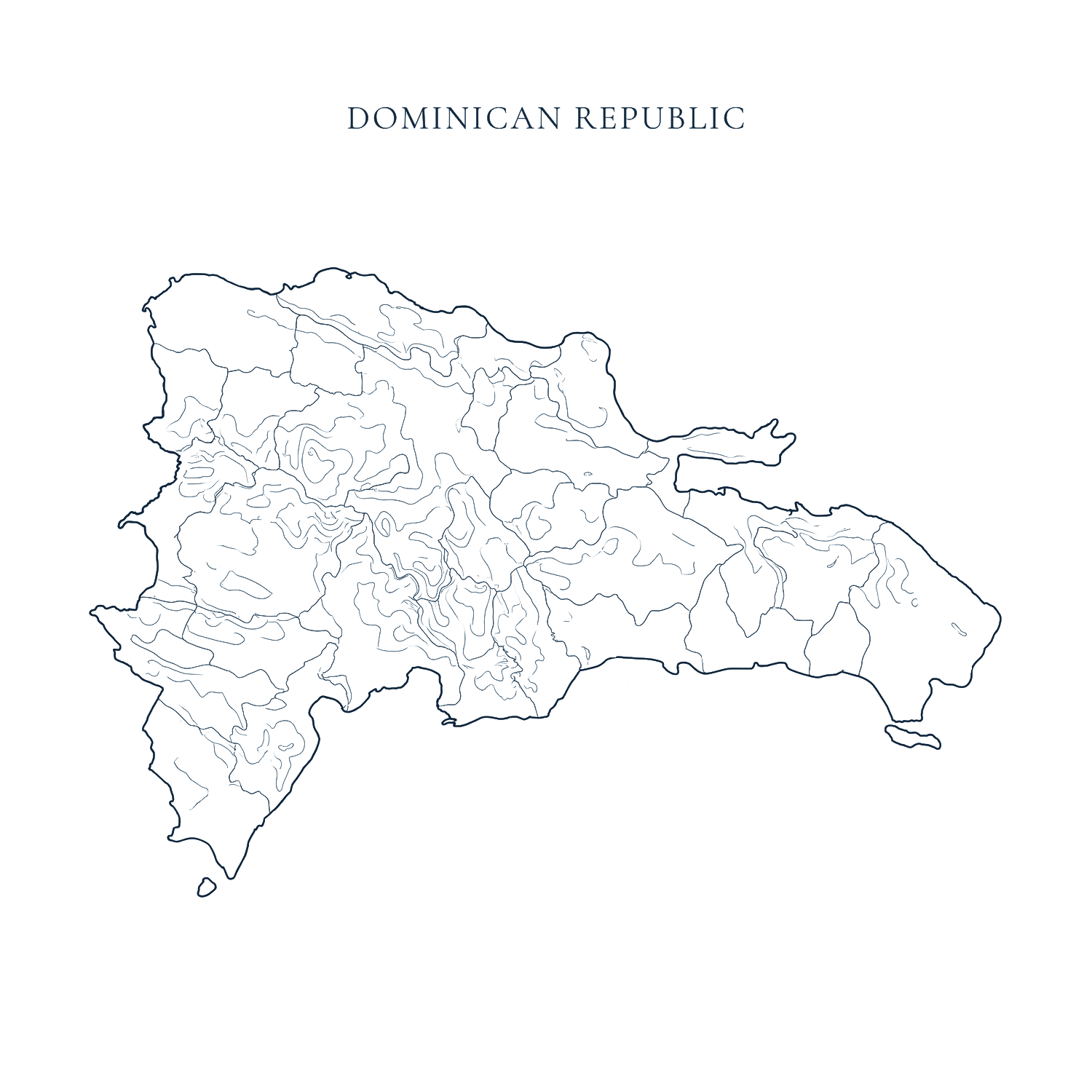 Map of the Dominican Republic marking the destinations in Manzanillo, Montecristi, Santo Domingo, Juan Dolio, La Romana, Bayahibe and Punta Cana